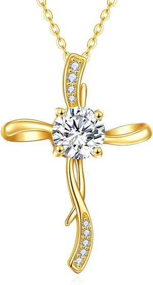 14K Yellow Gold Cross Necklace for Women, 14K Gold Infinity Cross Pendant Necklace Crufix Baptism Faith Jewelry Birthday Mothers Day Gifts for Mom Her Girlfriend Wife, 16+2 Inch