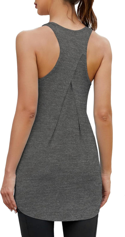 Women Workout Athletic Yoga Shirts Loose Fit Racerback Long Tank Tops