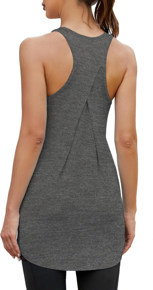 Women Workout Athletic Yoga Shirts Loose Fit Racerback Long Tank Tops