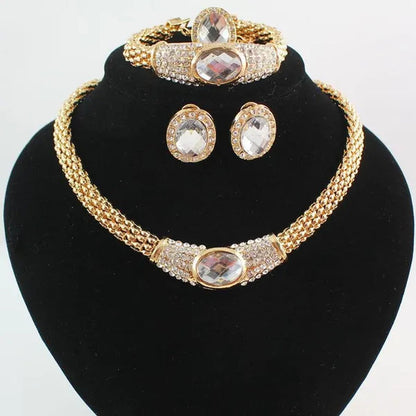 Women Gold Plated Crystal Gem Necklace Wedding Party Jewelry Sets 4 Colors