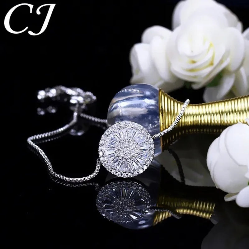 CANDICE Fashion Green round Charm Adjustable Slider Bracelet Bangle for Women White Gold Plated Cubic Zirconia Jewelry