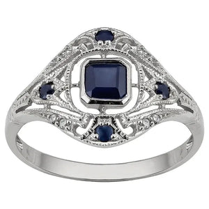 10k White Gold Vintage Style Genuine Sapphire and Diamond Ring
