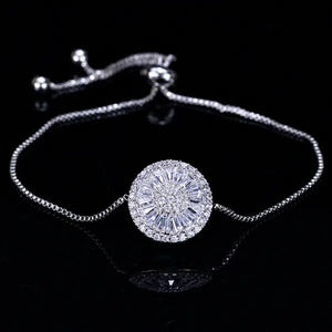 Gloriya Trendy Round Charm Pave Sparkling White Cubic Zirconia Silver Plated Adjustable Box Chain Bracelet & Bangle for Women Korean Simple Minimalist Jewelry