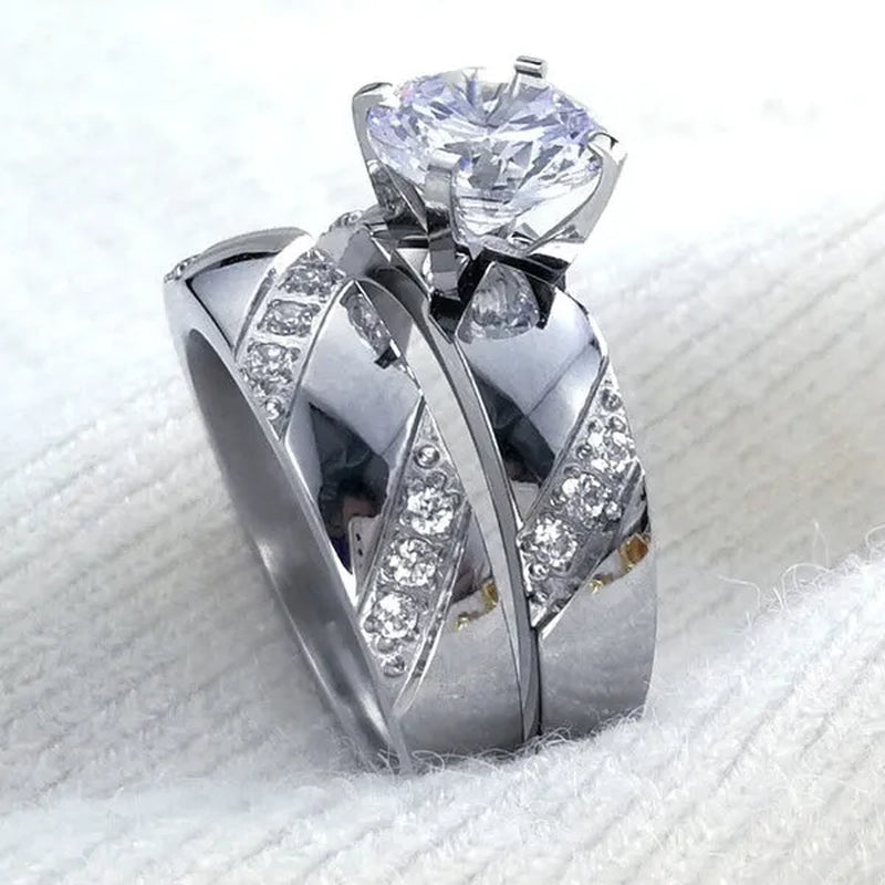 Size 5-10 Hers Women's Stainless Steel  Color Wedding Engagement Ring Transparent Stone R297R298