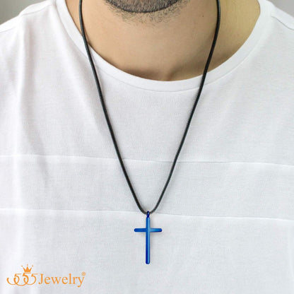 Stainless Steel Cross Necklace for Men - Mens Cross Necklaces with 18 to 24 Inches Waterproof Adjustable Black Leather Rope