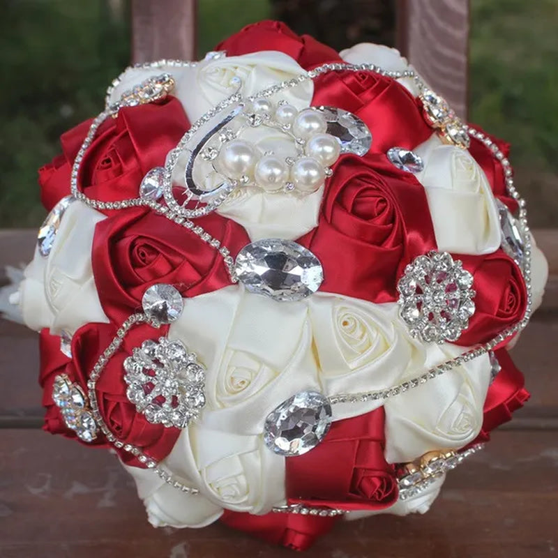 18CM Bride Holding Flowers Shiny Diamond Brooch Pearl Wedding Bouquet Mixed Color Satin Rose Bridesmaid Bouquet Customizable