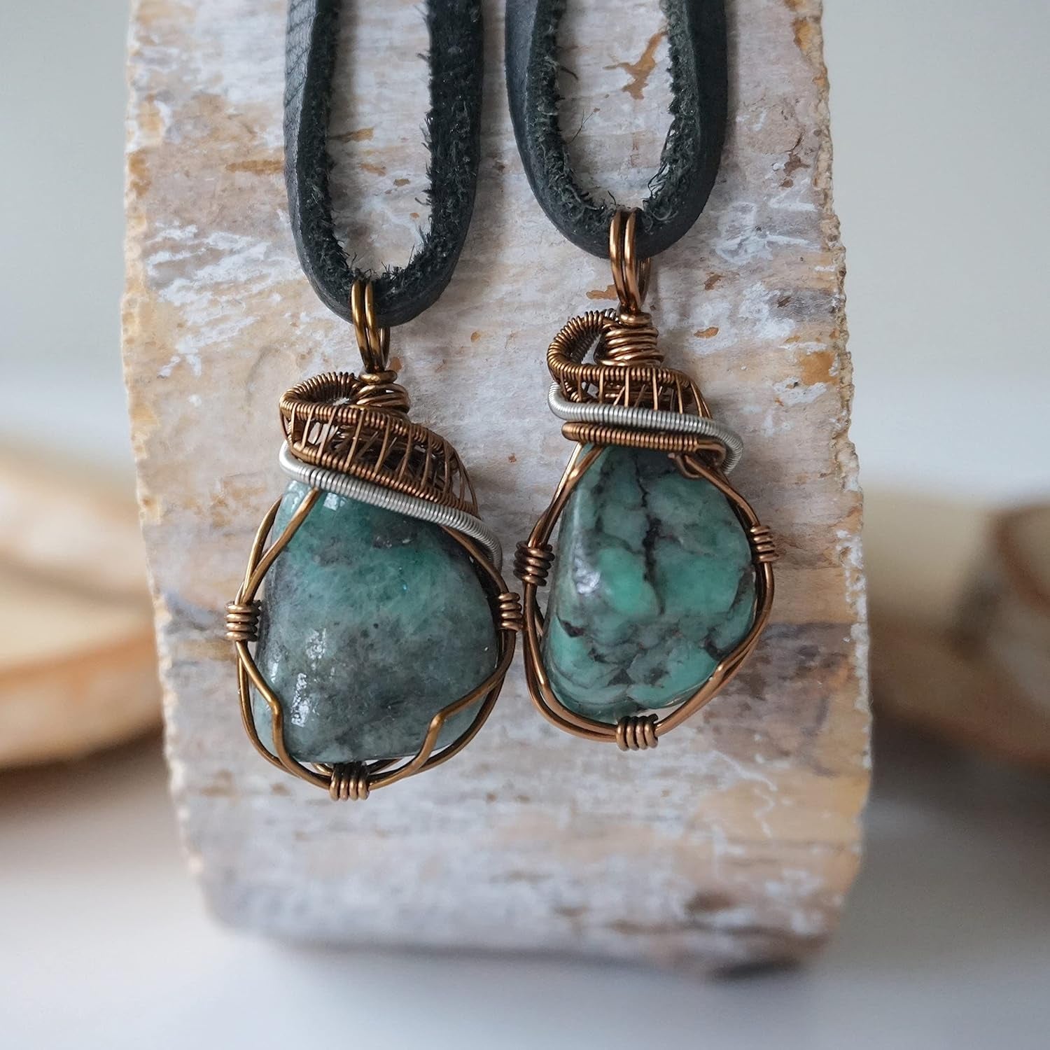 NEW  Handmade Emerald Necklace 24 Inch Black Leather Cord Antique Bronze, May Birthstone Jewelry, Handmade in North America