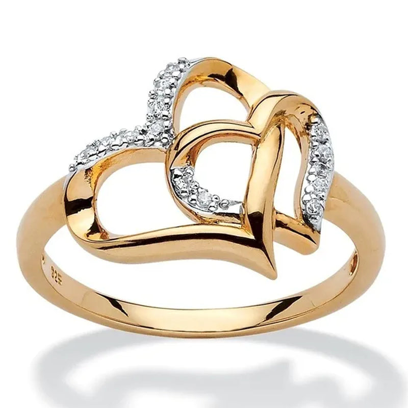 Lady's Elegant Heart shaped Ring Creative Design Diamond Zircon Double Love Hollow Ring Female Fashion Jewelry