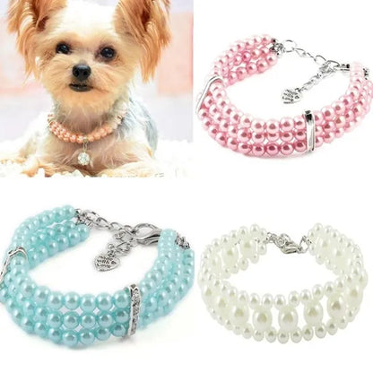 Three Rows Pearl Linked Beads Pet Dog Heart Pendant Puppy Collar Necklace S/M/L Size