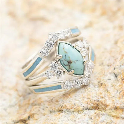 3 Pieces/Set Womens Gold Plated Multilayer Hollow Turquoise Rings with Delicate Moissanite Engagement Wedding Rings Anniversary Birthday Christmas Gift Jewelry Sizes 5-11