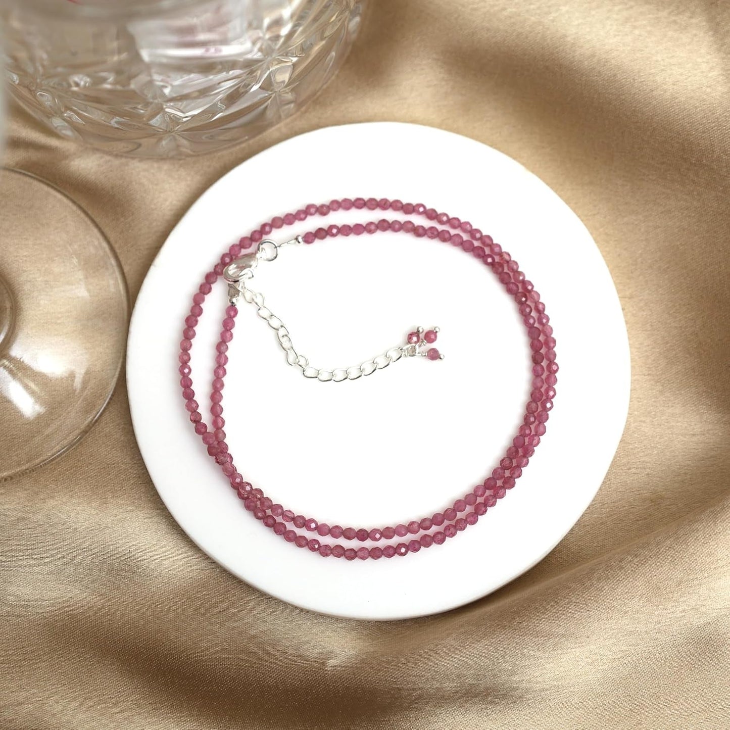 Gempires Pink Tourmaline Beaded Necklace Pink Crystal Gemstone Jewelry Hypoallergenic 18 Inch Silver Plated Handmade October Birthstone Necklace for Women