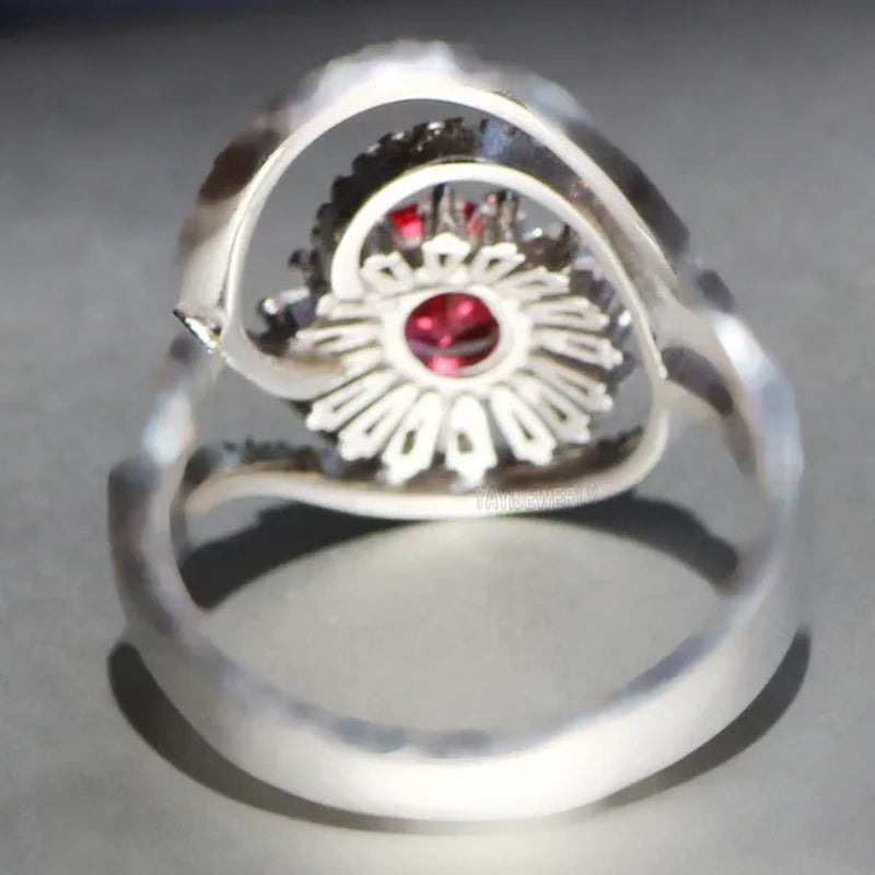 Gorgeous  Silver Natural Gemstones Ruby Wedding Birthstone Bride Engagement Multilevel Oval Leaf Ring Jewelry Size 6 7 8 9 10