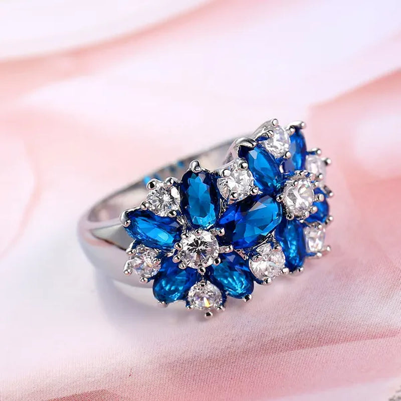 Fashion women 925 sterling  silver sapphire & white topaz gemstones Rings Size 6 7 8 9 10
