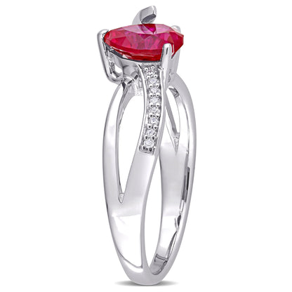 Women'S 1-5/8CT Heart-Cut Created Ruby Diamond Accent Sterling Silver Heart Crossover Ring