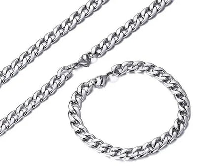 24''+8.5'' Silver stainless steel curb chain necklace and bracelet jewelry set for Mens