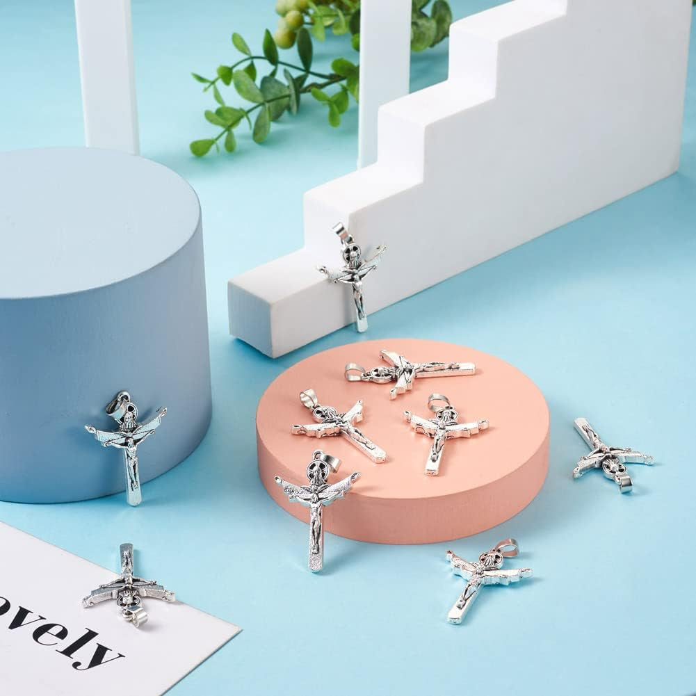 10Pcs Tibetan Style Alloy Crucifix Cross Pendants Religious Cross Charms with Pinch Bail for Easter Rosary Holy Beads Necklace Jewelry Making Antique Silver