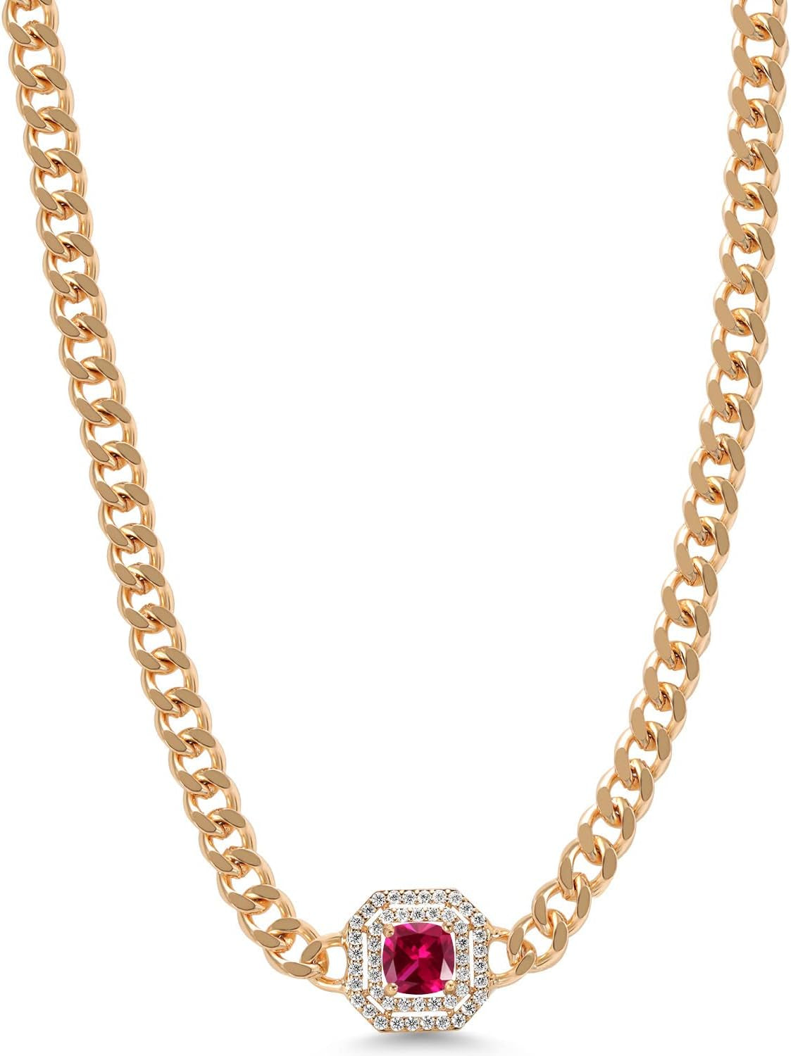 14K Yellow Gold Plated Gemstone Birthstone and White Moissanite Necklace | Cuban Curb Link Chain Pendant Necklace for Women | Cushion 6MM | 16 Inch Chain + 2 Inch Extender