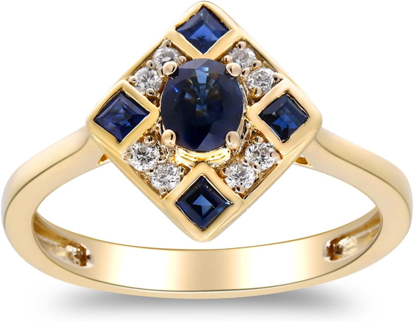 10K Yellow Gold Genuine Blue Sapphire Ring with Diamonds for Women | Ethically, Authentically & Organically Sourced (Oval-Cut) Shaped Sapphire Hand-Crafted Jewelry for Her | Sapphire Ring for Women