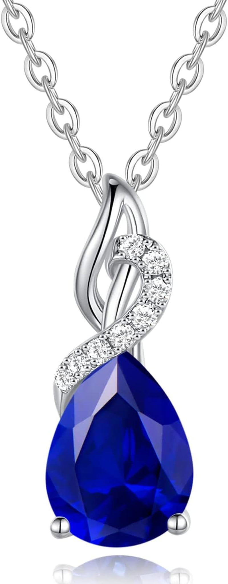 14K Solid White Gold Teardrop Pendant with Diamond Birthstone Necklace Birthday Gifts for Mom Women, Sterling Silver Chain 16" + 2" Extender