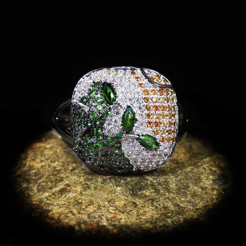 New Unique Black Gold Women's Ring Color Full Zircon Ring Jewelry 925 Silver Women's Ring Exaggerated Plant Ring