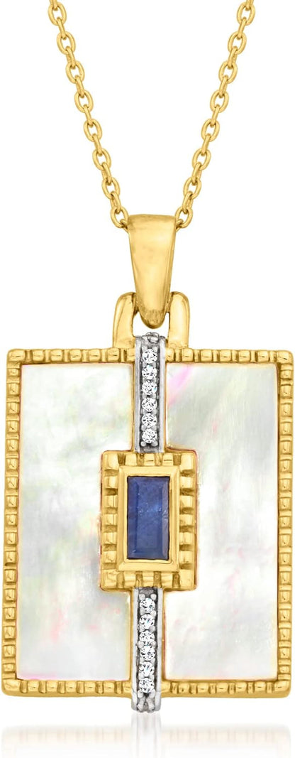 Mother-Of-Pearl and .60 Carat Sapphire Pendant Necklace with White Topaz Accents in 18Kt Gold over Sterling. 18 Inches