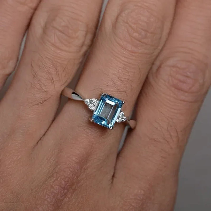 7*9mm Aquamarine/Sapphire 925 Sterling Silver Engagement Wedding Ring for Women Girl Size 6-10