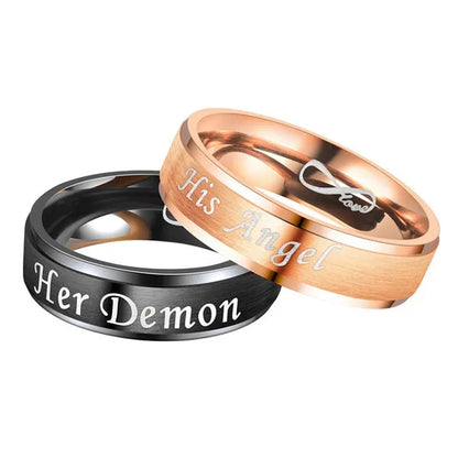 Fashion 'His Angel' 'His Angel' Stainless Steel Couples Ring Wedding Ring Gifts For Lovers (Style: Black-'Her Demon' For Men, Rose Gold-'His Angel')