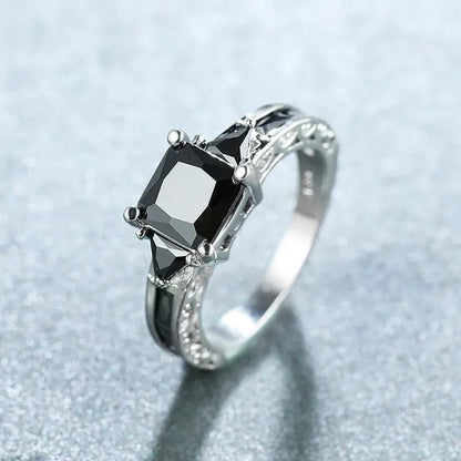 Fashion Women 18K White Gold Princess Cut Black Sapphire Diamond Wedding Ring Party Jewelry Gifts Size 6 7 8 9 10