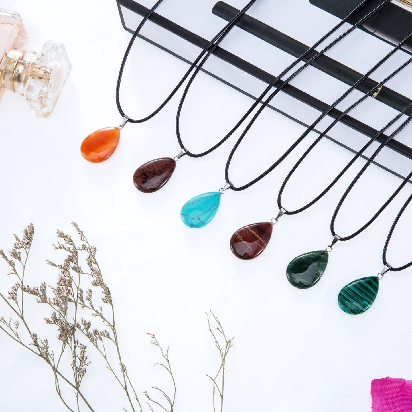 20 Pieces Stone Pendants Water Drop Shape Beads Crystal Quartz Stone Charm with 18 Inch Imitation Leather Cord Chain for Necklace Jewelry Making