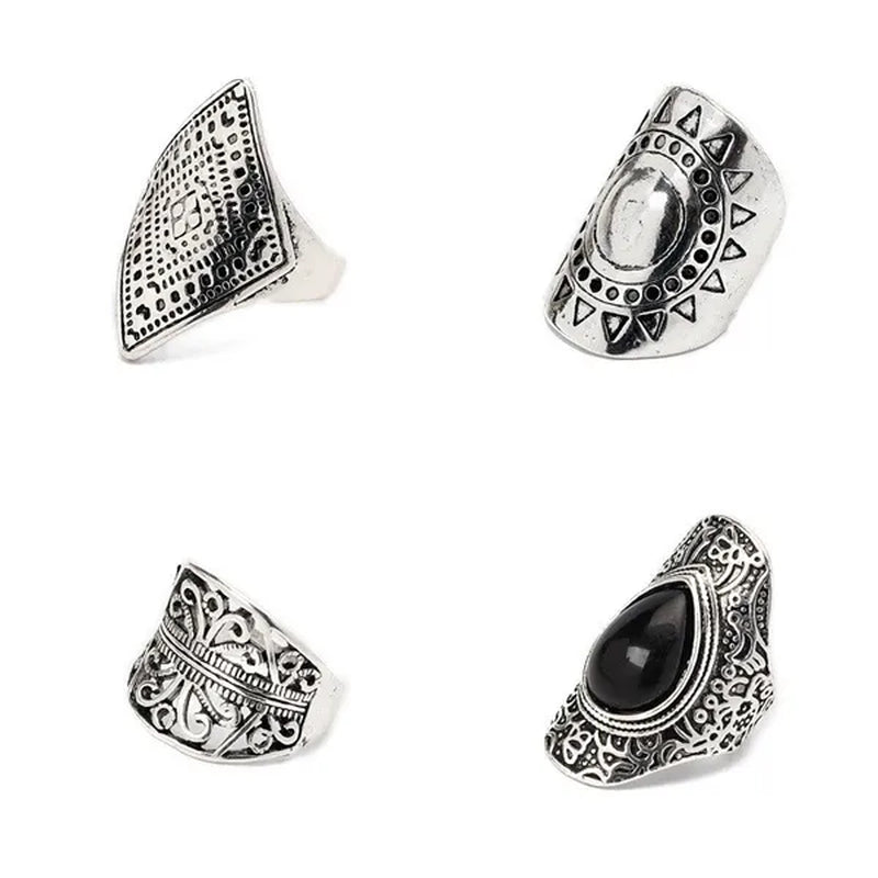 4Pcs/Set Vintage Silver Gypsy Boho Ethnic Ring Hollow Carved Gem Diamond Women  Rings - WORLD TIME VISITS