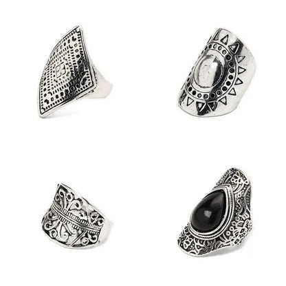 4Pcs/Set Vintage Silver Gypsy Boho Ethnic Ring Hollow Carved Gem Diamond Women  Rings - WORLD TIME VISITS