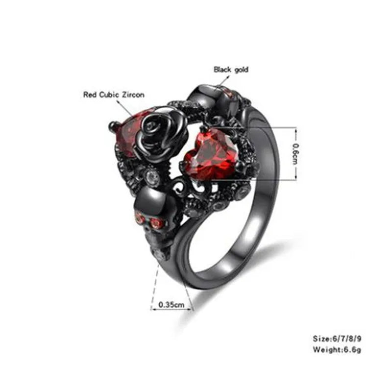 Rose Skull Ring Heart-shaped Red Zircon Punk Ring Fashion Jewelry