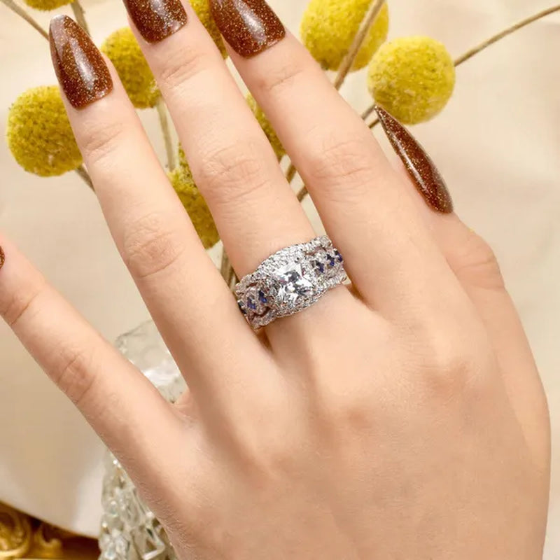 Newshe 3Pcs Princess Halo CZ Wedding Engagement Ring Sets Vintage Style Bridal Sets for Women 925 Sterling Silver Sz 4.5-13