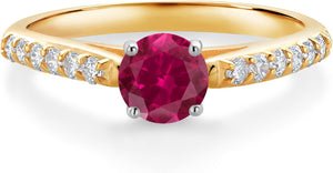 10K Yellow and White Gold 5MM round Gemstone Birthstone and White Lab Grown Diamond Engagement Ring | Wedding Anniversary Promise Gold Ring for Women | Size 5,6,7,8,9