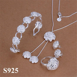 Women'S Fashion 925 Sterling Silver Rose Flower Earrings Elegant Necklace Rings Bracelets Bangle Bridal Wedding Jewelry Set