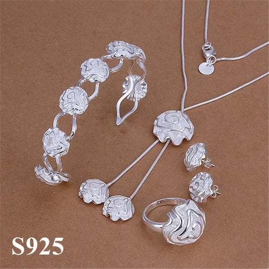 Women'S Fashion 925 Sterling Silver Rose Flower Earrings Elegant Necklace Rings Bracelets Bangle Bridal Wedding Jewelry Set