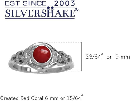 Created Red Coral White Gold Plated 925 Sterling Silver Celtic Knot Solitaire Ring Size 10