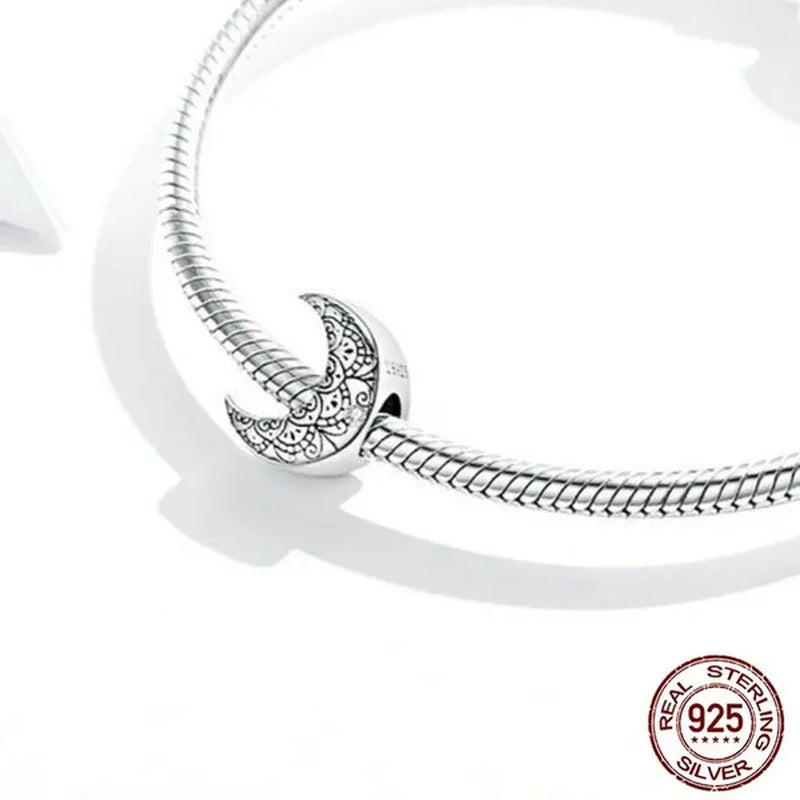 Genuine 925 Sterling Silver Vine & Moon Beads Charm Fit Charm Bracelets DIY