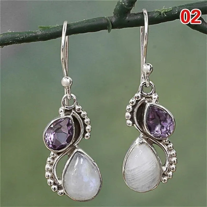 12Styles Vintage Earrings Rainbow Moonstone Earring Amethyst&Peridot&Pearl Dangle Earrings for Women Wedding Bridal Jewelry Gifts - WORLD TIME VISITS