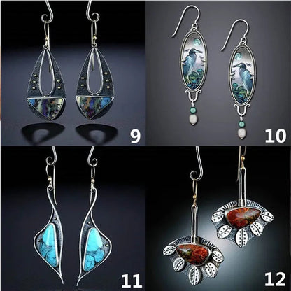 1 Pair Antique 925 Sterling Silver Pendant Earrings Natural Gemstone Inlay Dangle Earrings Bridal Engagement Wedding Anniversary Gift Bohemian Style Earrings