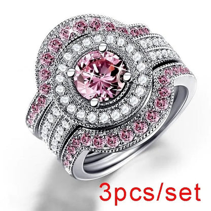 3pcs/set Top Quality 925 Sterling Silver Round Cut 8.8CT Pink & White Topaz Bridal Engagement Wedding Ring Sets