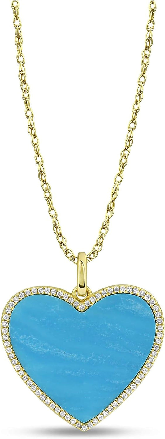 1/6 Carat Diamond and Turquoise or Blue Lapis Heart Pendant Necklace for Women in 14K White and Yellow Gold on 18 Inch Chain (H-I, I1-I2, Cttw) Spring Ring