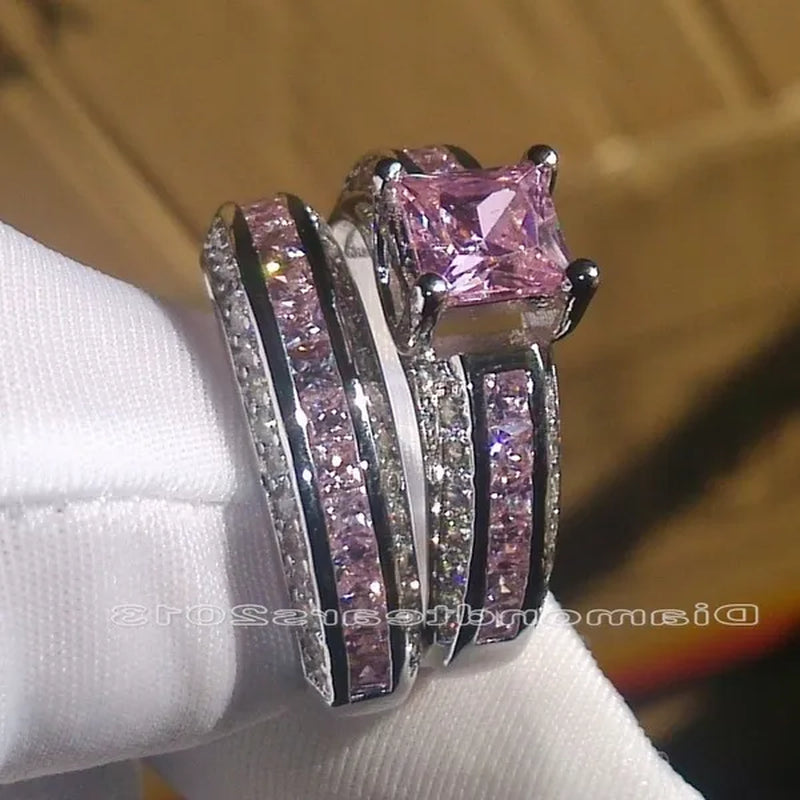 2Pcs/Set 925 Silver Plated Pink Purple White Sapphire CZ Wedding Set Rings Size 6-11  (Choice Color and Size )