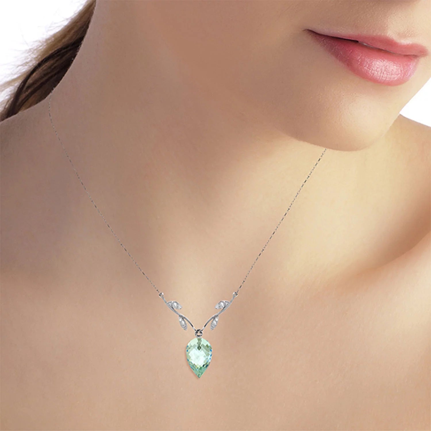14K 18" White Gold Necklace with Diamonds and Briolette Blue Topaz