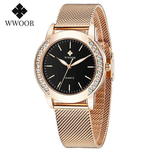 WWOOR Luxury Crystal Ladies Bracelet Watches Top Brand Fashion Women Quartz Watch For Women Rose Gold Mesh Band Wrist Watch Montre Femme