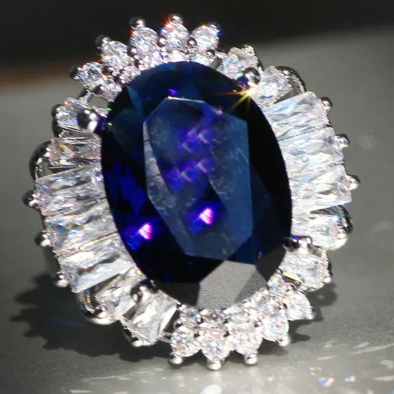 Silver Huge Oval Cut Natural Gemstones Sapphire Ring Wedding Birthstone Bride Engagement Bride Ellipse Ring Jewelry Band