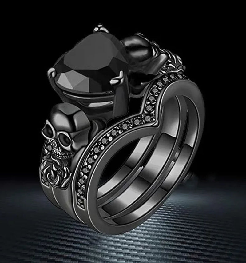 Gothic Skull Black Rings Set Women Rose Flower Red Purple Heart Love Zircon Crystal Christmas Anniversary Engagement Gift