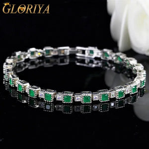 Gloriya Fashion Silver Color Elegant Charm Bangle Jewelry for Prom Women Simple Trendy Green CZ Crystal Square Tennis Bracelets