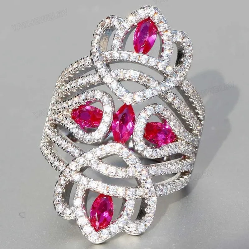 Silver Natural Gemstones White Sapphire & Ruby Ring Birthstone Bride Wedding Engagement Multilayer Princess Cross Ring Size 6 7 8 9 10