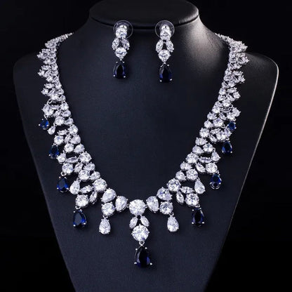 CANDICE Gorgeous Multi Cut CZ Stone Water Drop Tassel Necklace Earrings Set High Quality White Gold Plated Costume Jewelry Sets for Wedding Prom